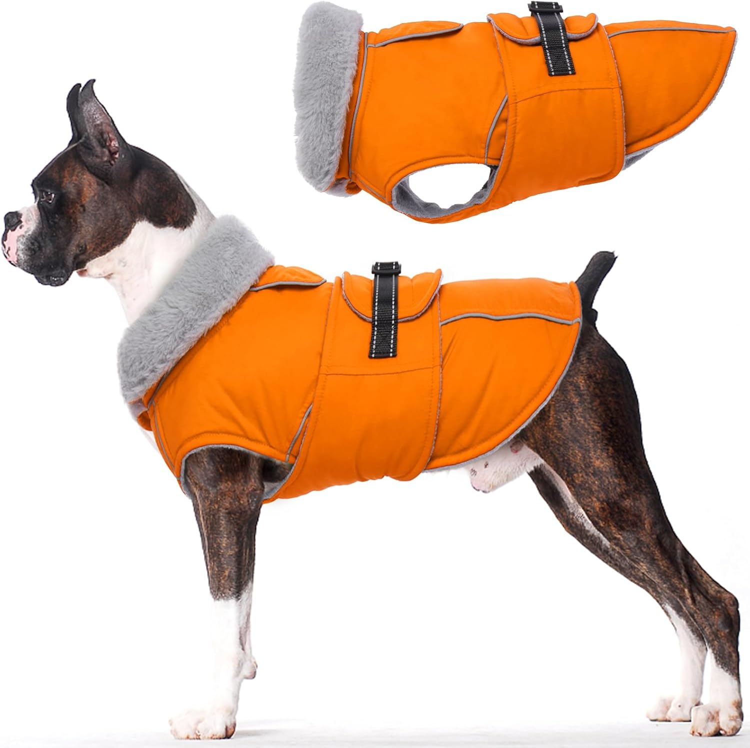 LeLePet dog coat front view showing orange waterproof exterior and reflective strips