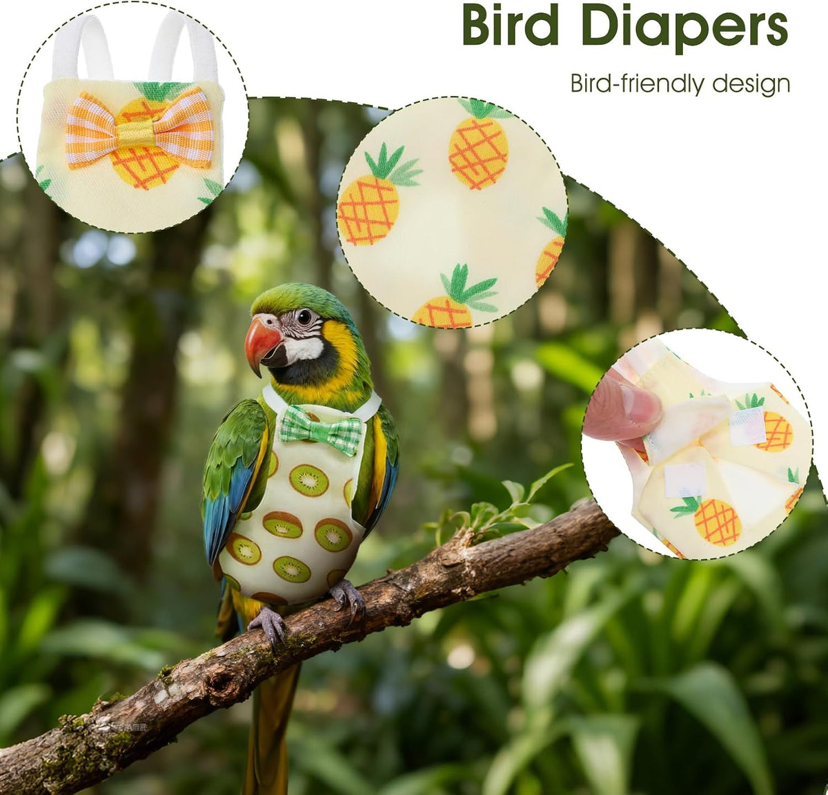 Washable pet bird clothes with banana and pineapple patterns