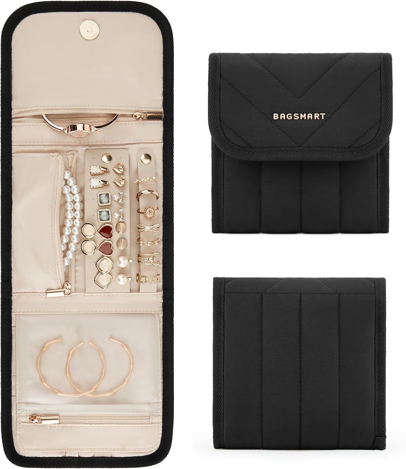 Bagsmart travel jewelry organizer case front closed view in black