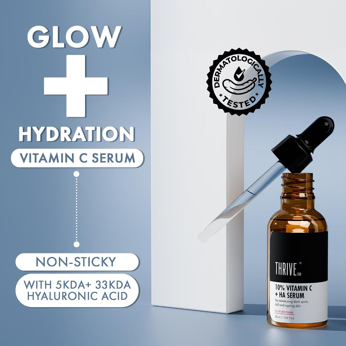 ThriveCo 10% Vitamin C Serum dropper showing liquid texture