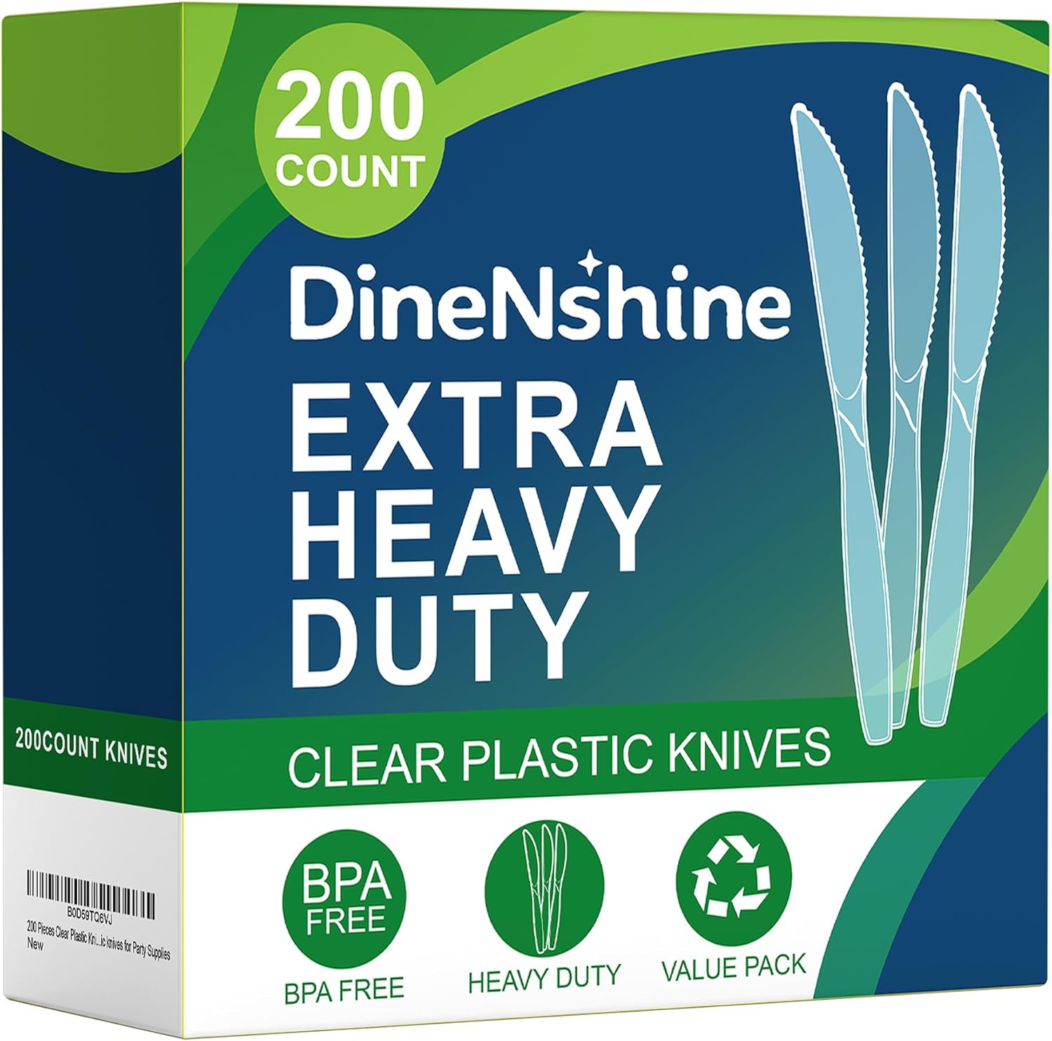 DineNshine heavy duty clear plastic knives premium front view lifestyle layout for party supplies