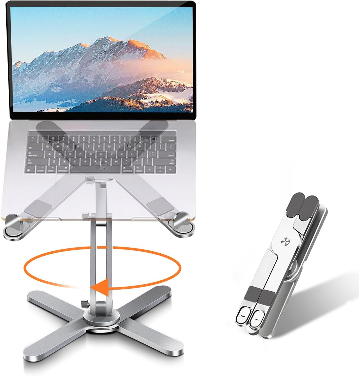 Moallia ergonomic rotating laptop stand front view in silver finish