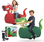 POVRYE Giant Inflatable Dinosaur and Bull Hopper Toys front view showing the red bull and green dinosaur designs.