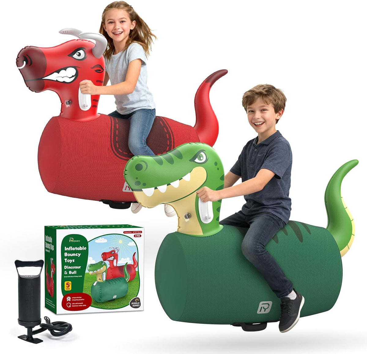 POVRYE Giant Inflatable Dinosaur and Bull Hopper Toys front view showing the red bull and green dinosaur designs.