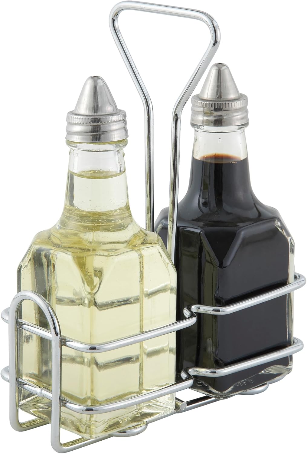Winco oil and vinegar cruet set front view tabletop condiment dispenser
