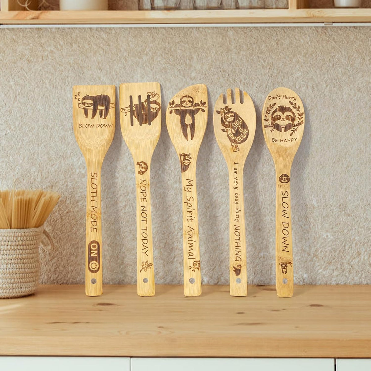 LBCIGOR sloth engraved wooden kitchen utensils set layout
