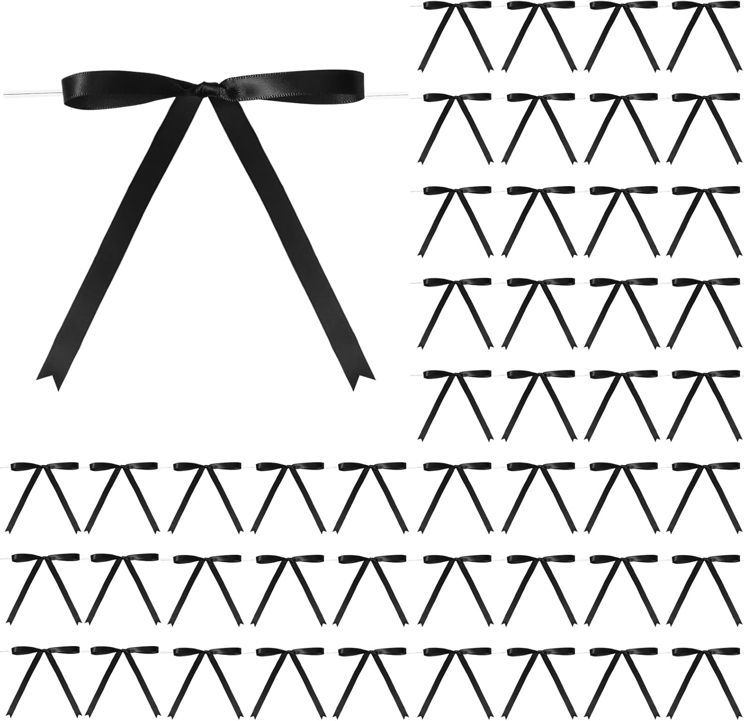 Riceshoot pre tied black satin ribbon twist tie bows front view for gift packaging decorations.
