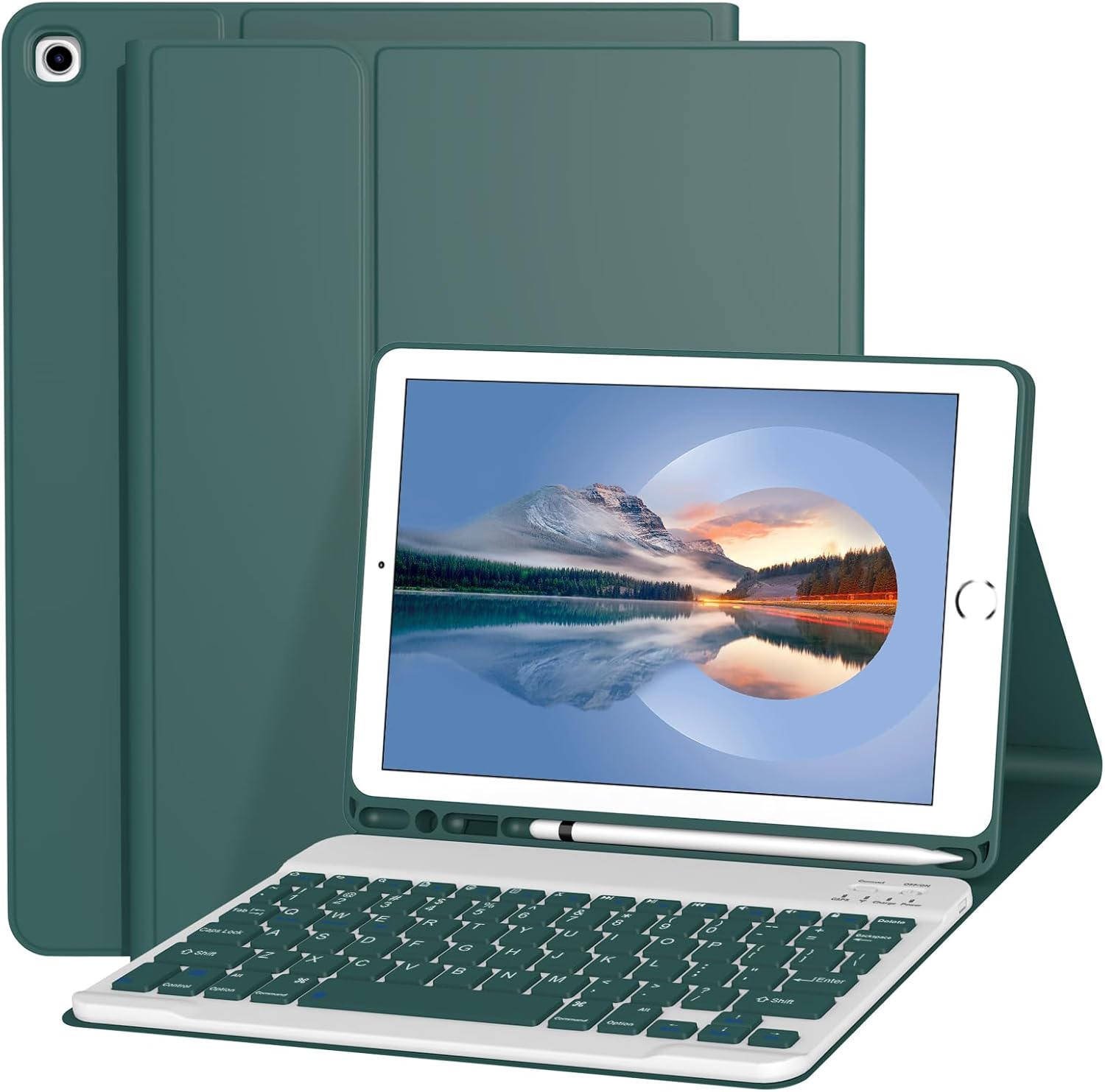 Divufus dark green iPad keyboard case front view showing the detachable wireless keyboard set up like a laptop.