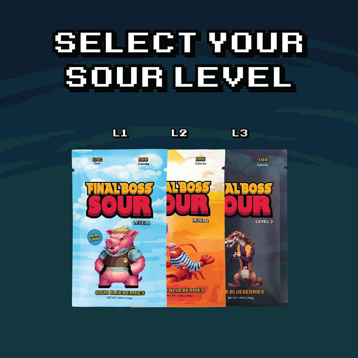 Assorted pouches of Final Boss Blueberry and Cranberry sour snacks