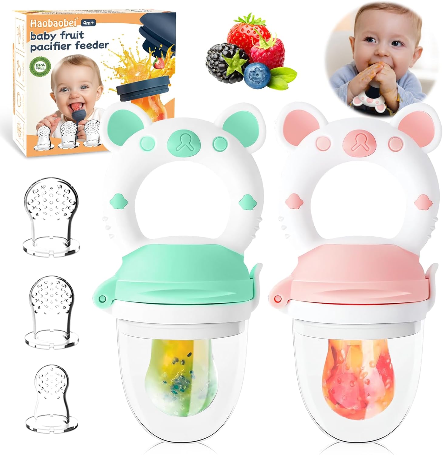 Haobaobei silicone baby fruit feeder front view in blue and pink bear design