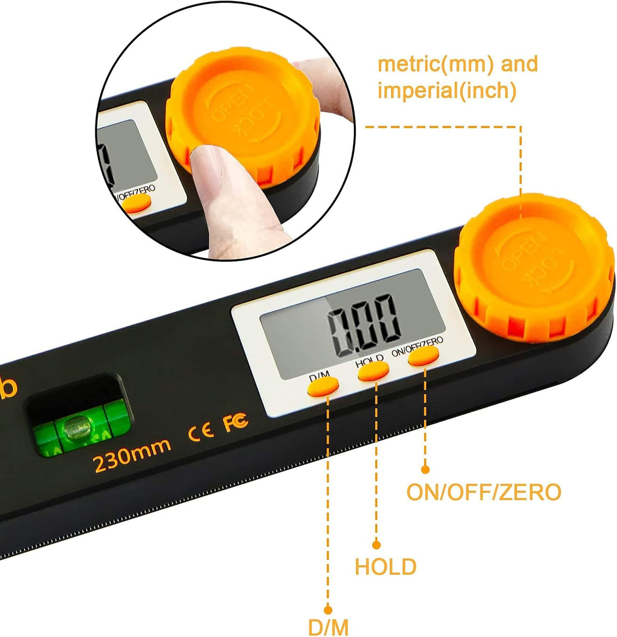 Rainyb digital protractor displaying ruler edge measurements