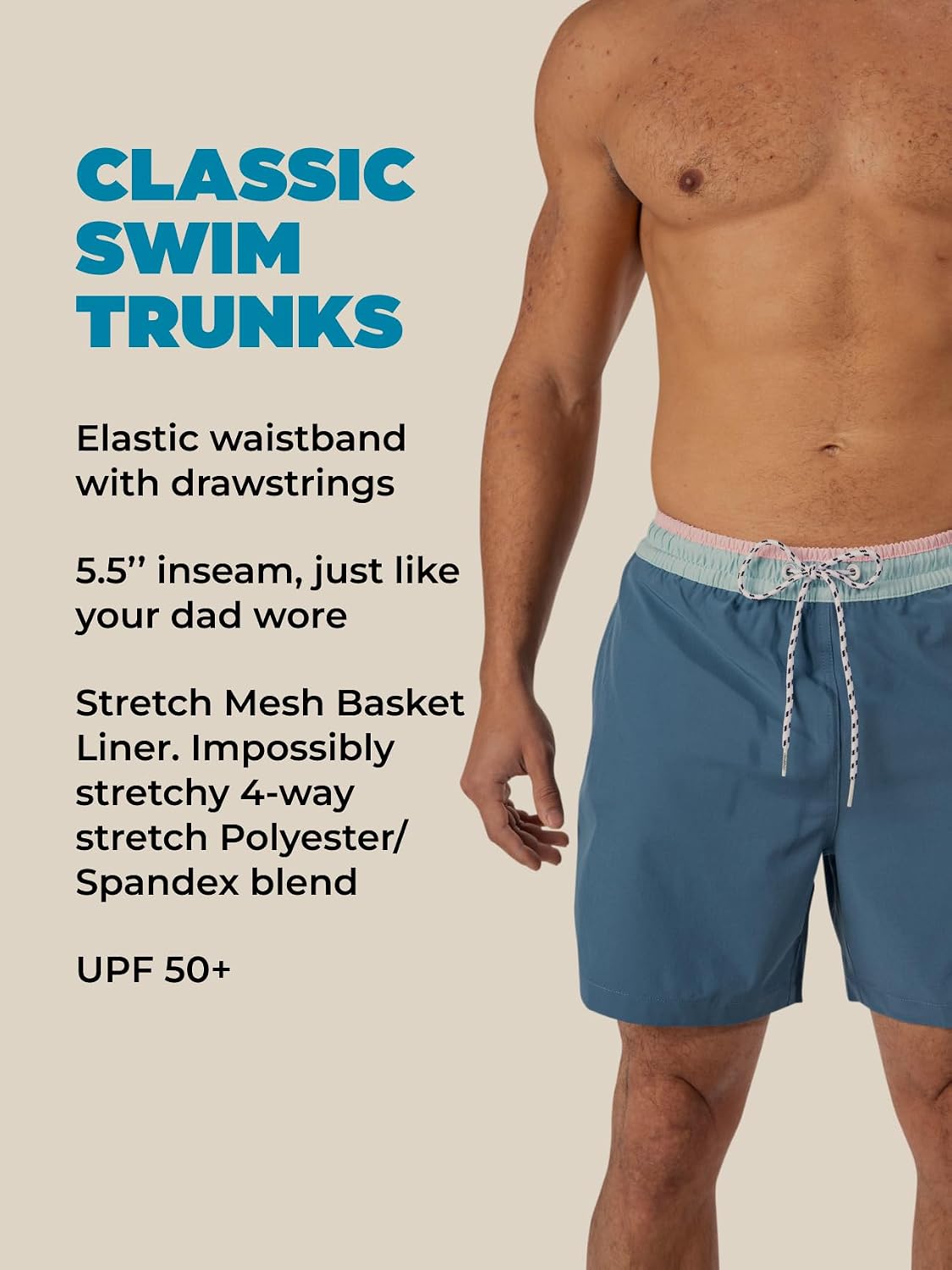 Chubby mens swim trunks rear view with zipper pocket