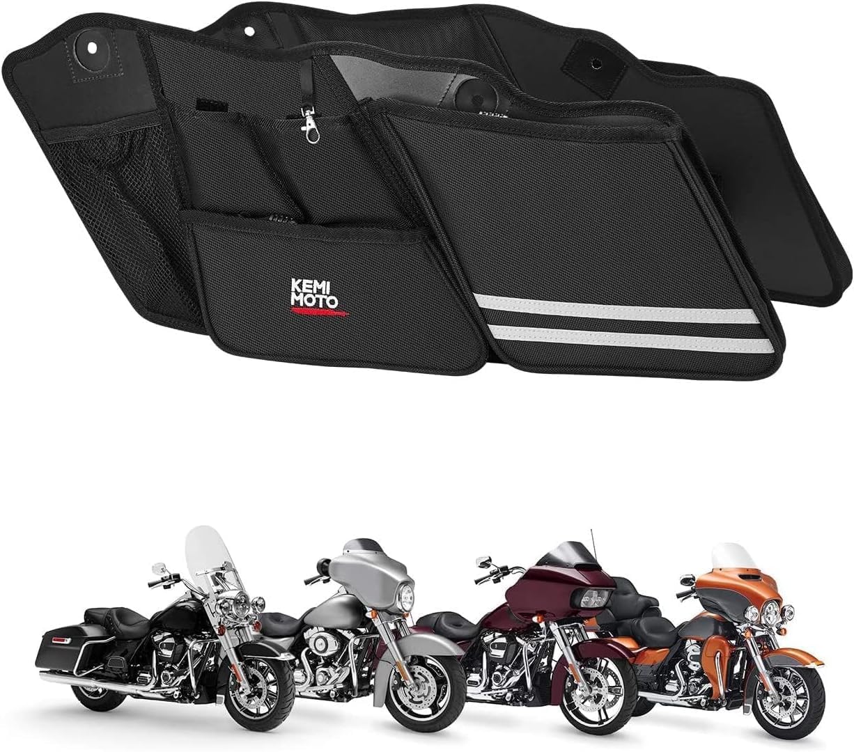 Kemimoto motorcycle saddlebag organizers 2 pack front view showing multiple storage pockets