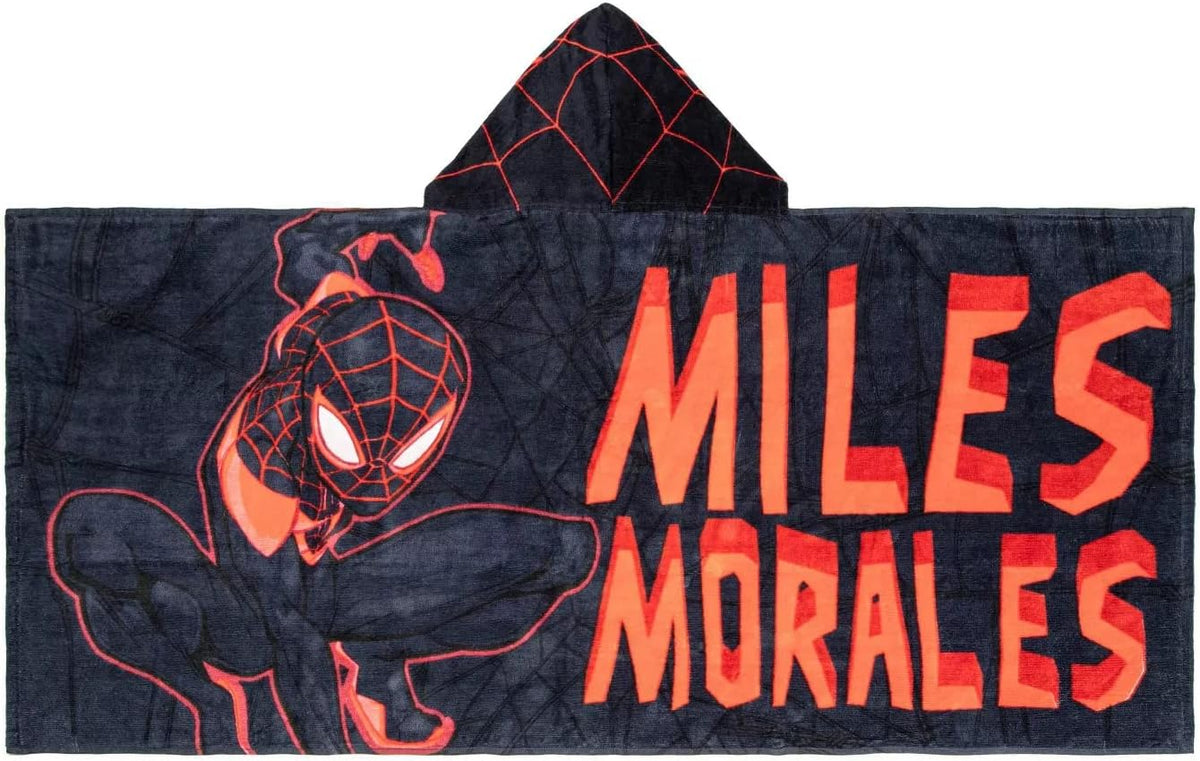 Spider-Man Miles Morales hooded bath towel front view showing character hood and graphics