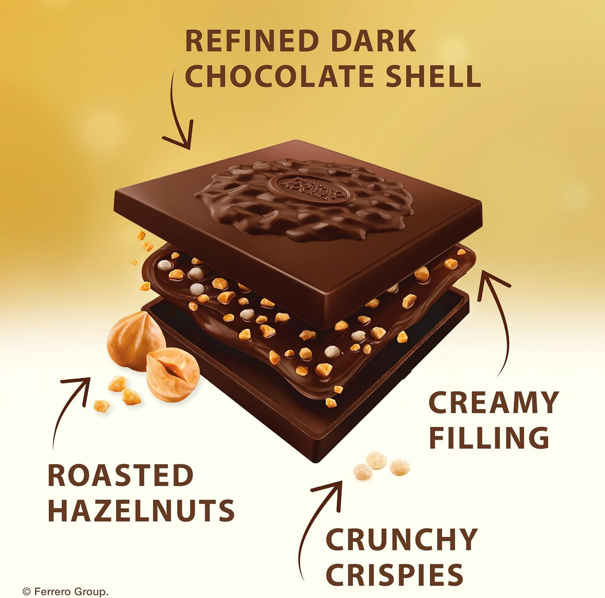 Ferrero Rocher dark chocolate square cross section revealing hazelnut and cream