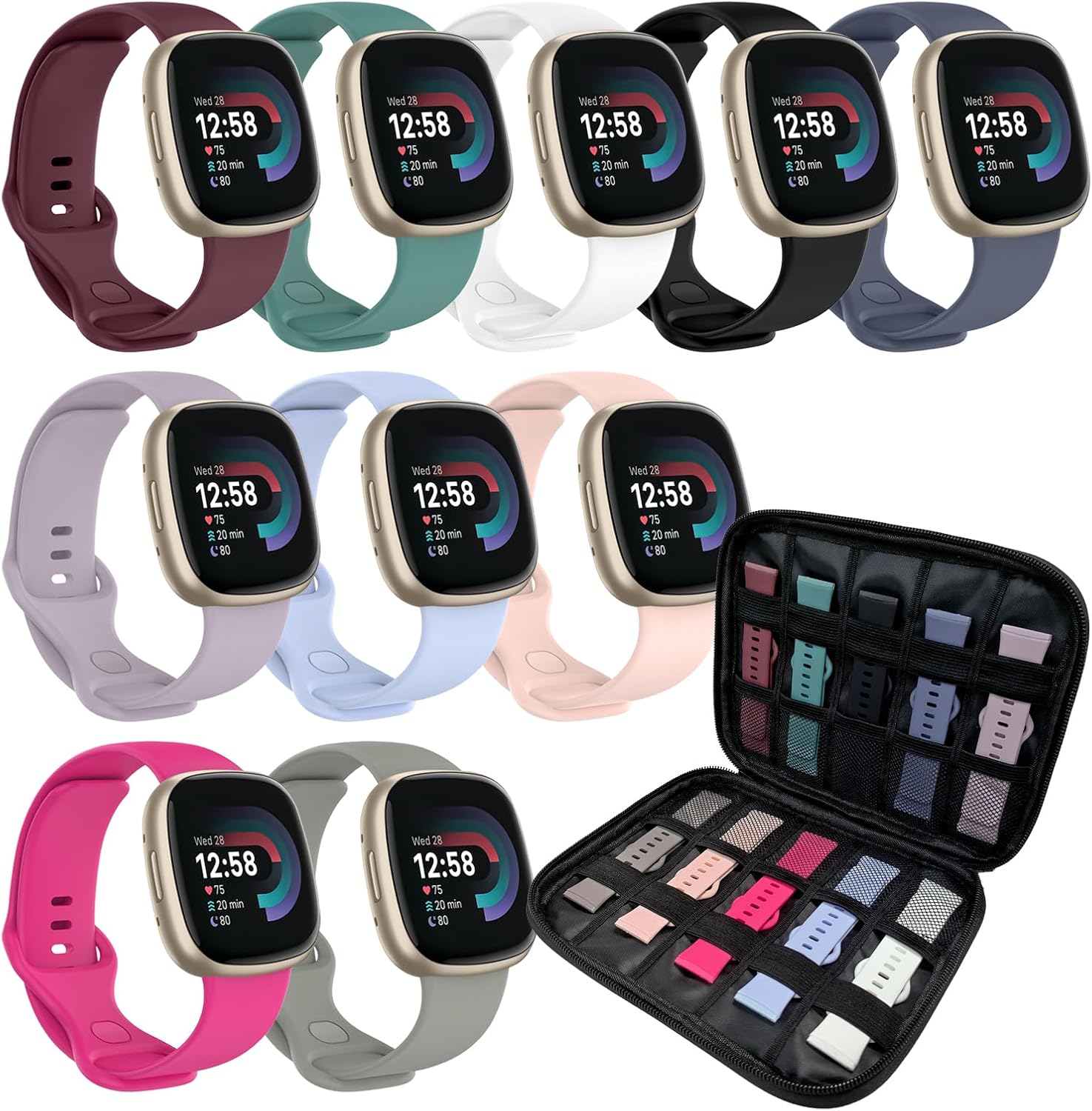HAYONLIY sport bands ten pack with storage case front view displaying multiple colorful silicone straps for smartwatch customization
