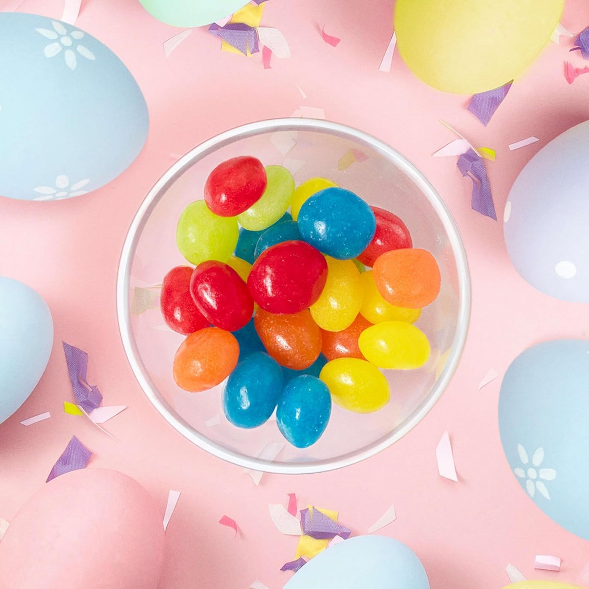 Close up view showing the tart sugar coating on the colorful bulk jelly beans.
