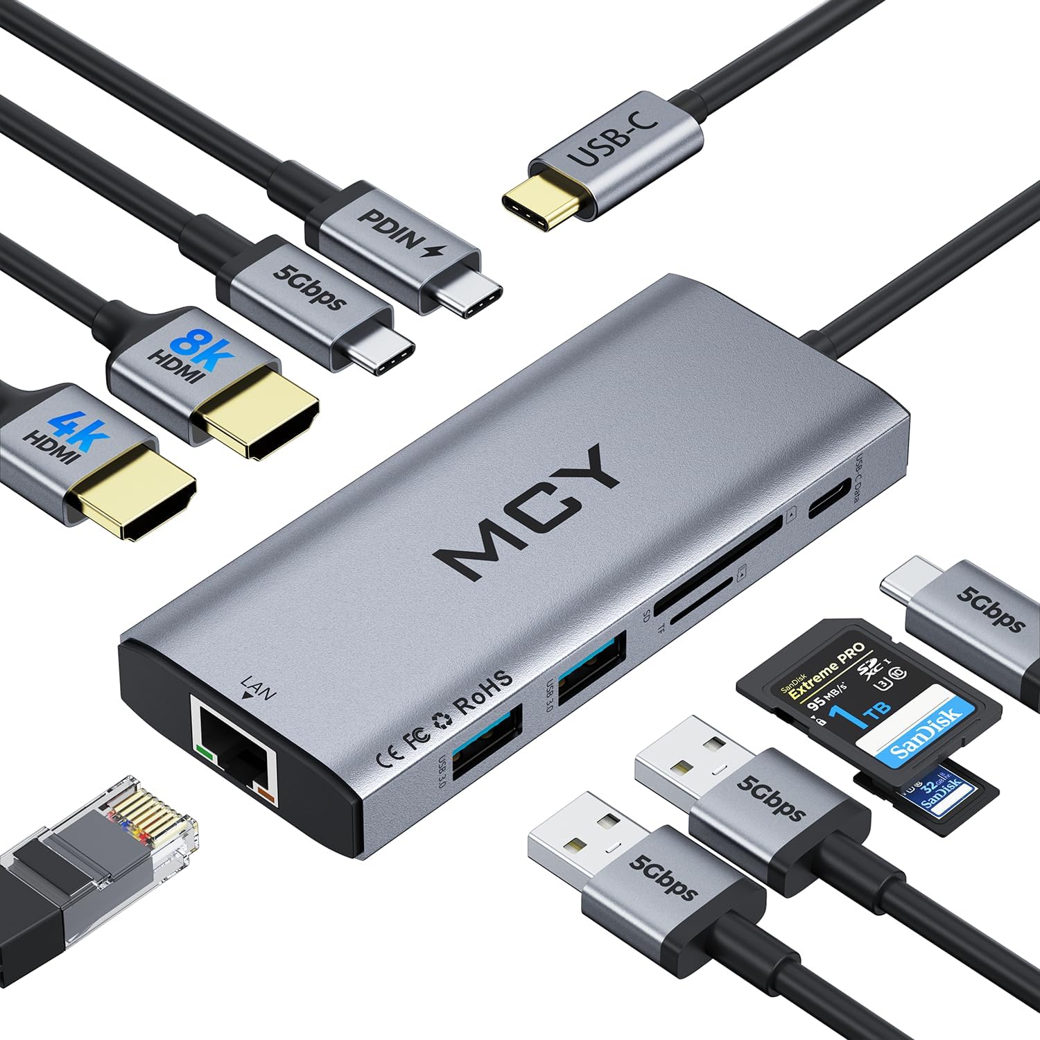 MCY laptop docking station front view showcasing the sleek metallic gray aluminum housing and integrated Type C connection cable.