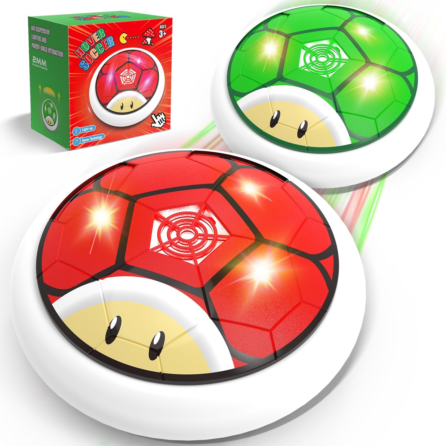 Thusine hover soccer ball front view showing the red and white turtle shell pattern floating on a wooden floor.