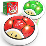Thusine hover soccer ball front view showing the red and white turtle shell pattern floating on a wooden floor.