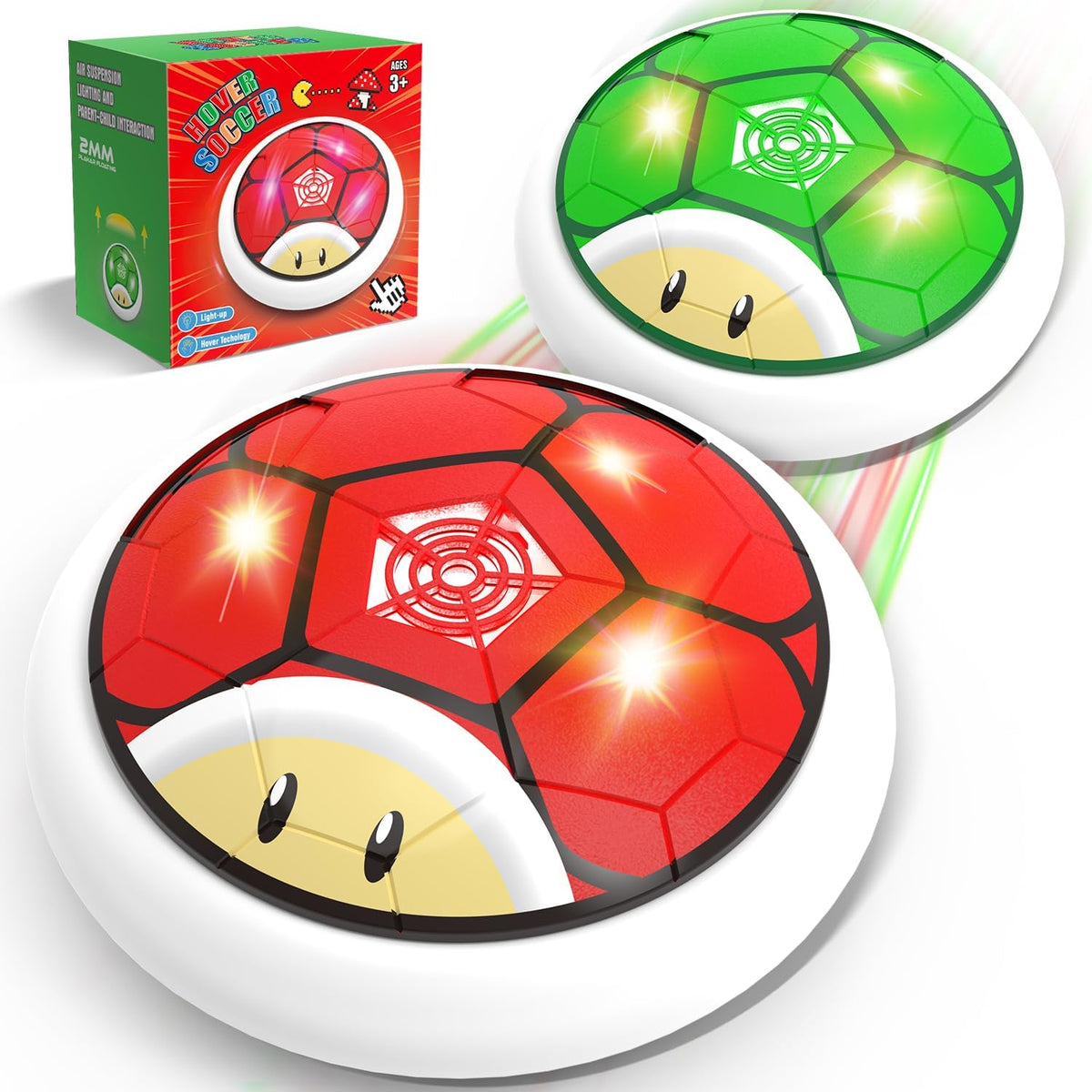 Thusine hover soccer ball front view showing the red and white turtle shell pattern floating on a wooden floor.