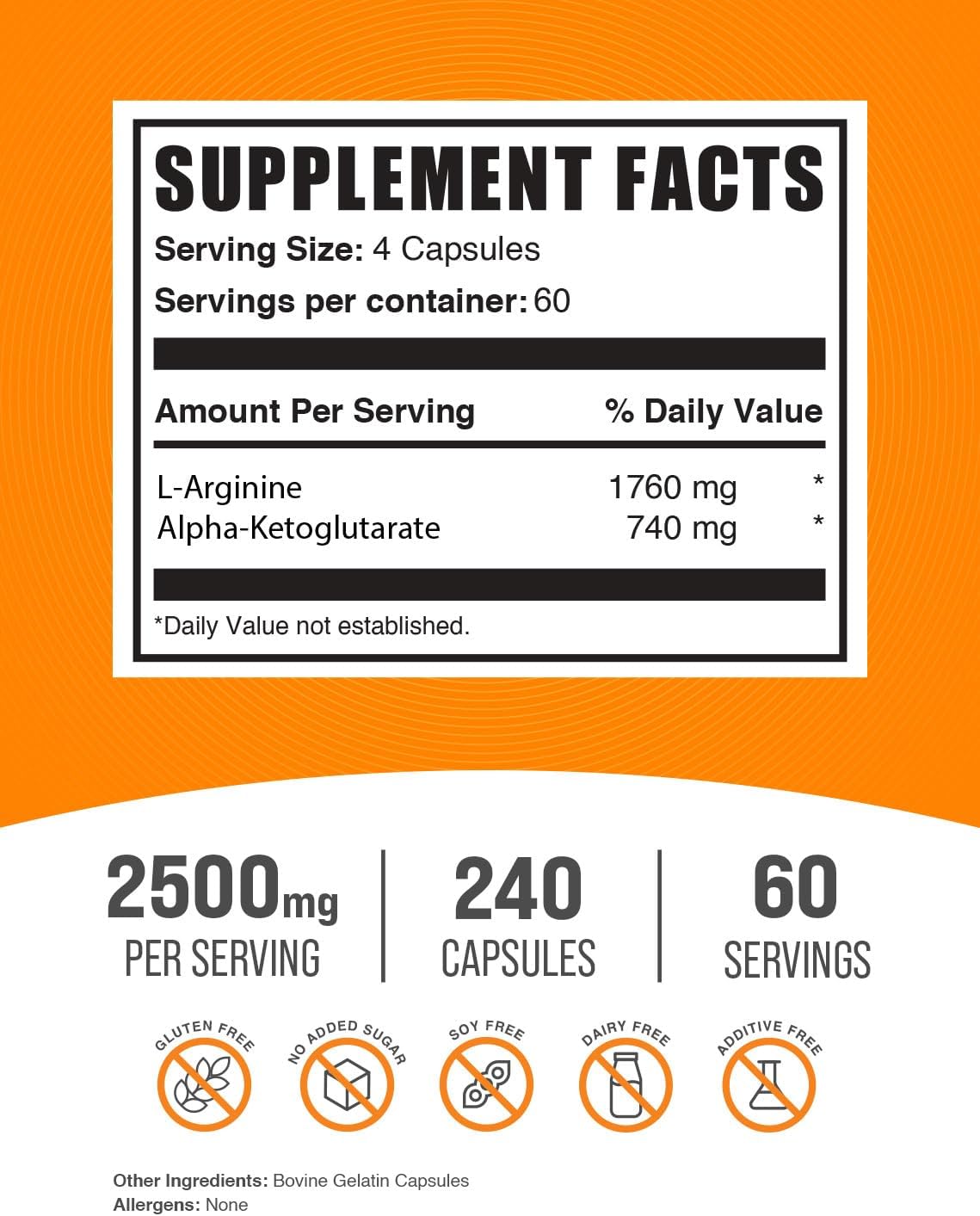 BulkSupplements AAKG 2500 milligrams supplement label