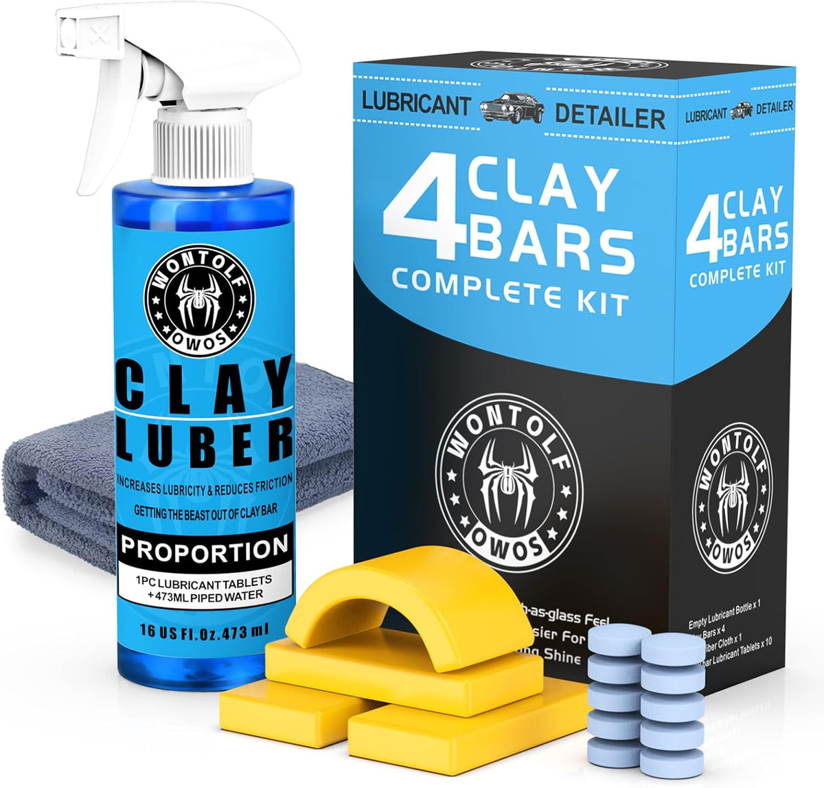 Wontolf Heavy Duty Clay Bar System front view showing complete auto detailing kit components.