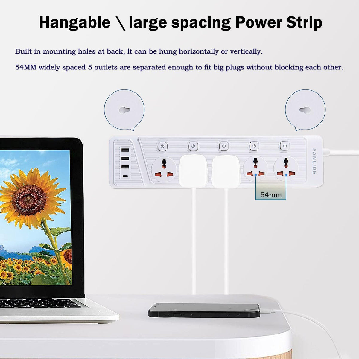 Fanlide power strip side angle showing spacing
