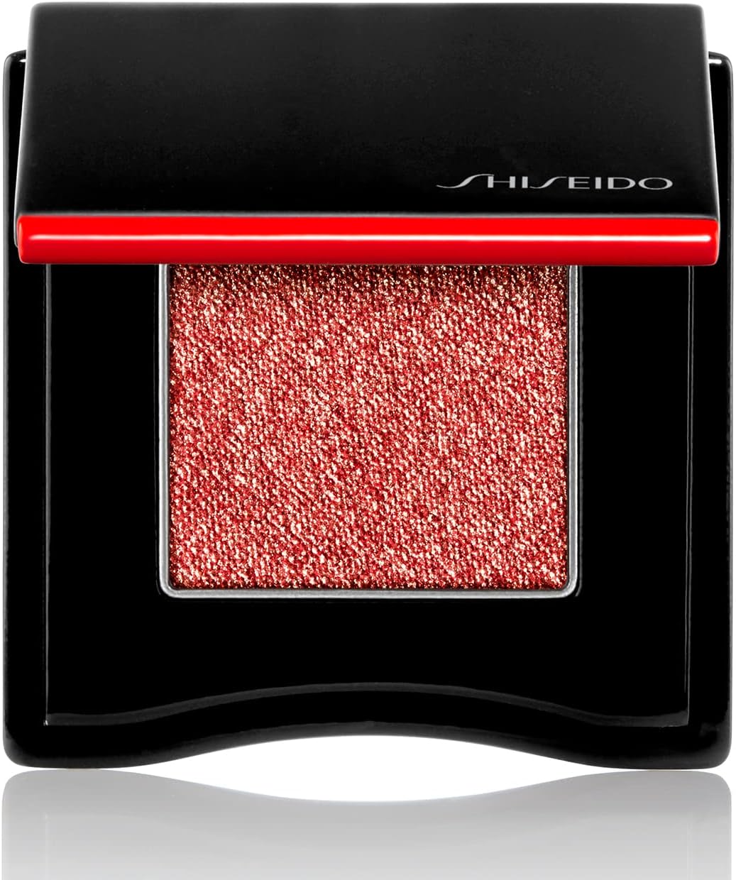 Shiseido POP PowderGel Eye Shadow in Kura-Kura Coral front view showing the sleek black compact packaging.