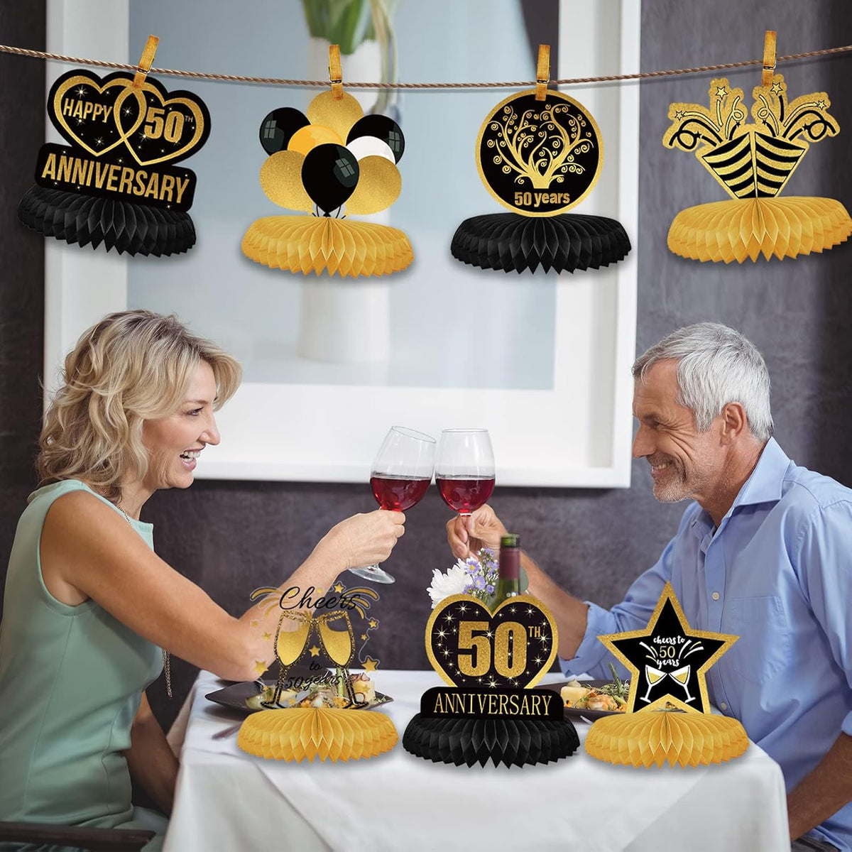 Vicycaty golden wedding anniversary table decor signage