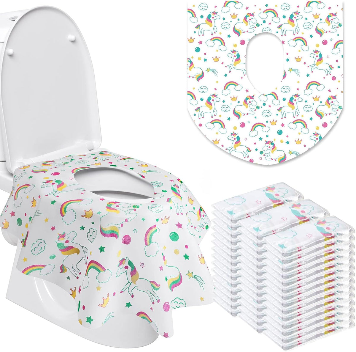 Reginary disposable toilet seat covers 50 pack front view showcasing unicorn packaging