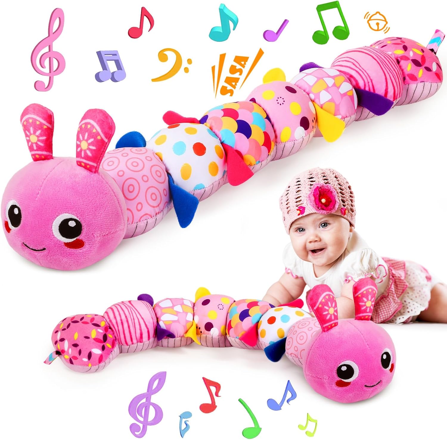 KMUYSL Baby Sensory Musical Caterpillar Plush Toy front view highlighting vibrant multi-textured fabric segments.
