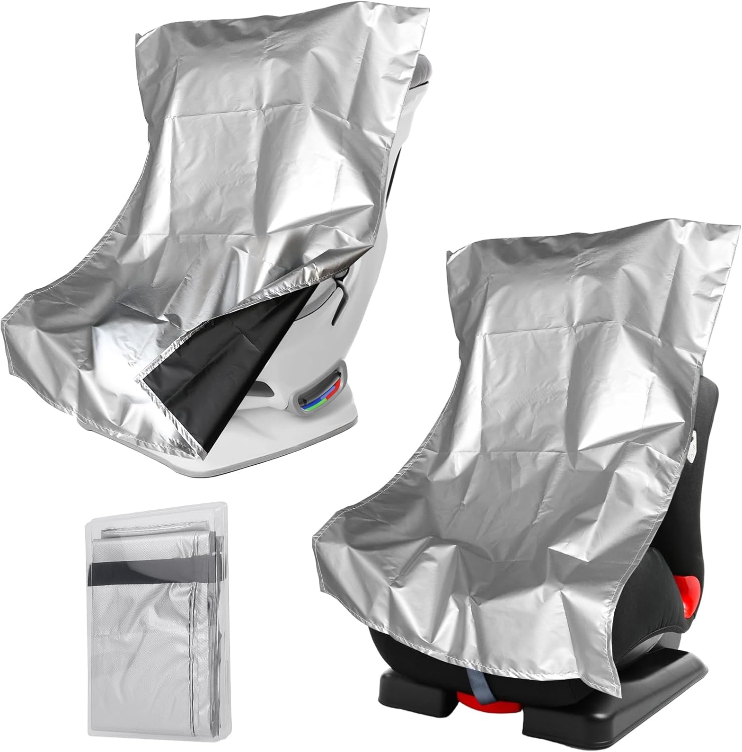 U0U Car Seat Sun Shade Cover front view showcasing reflective silver material on toddler seat