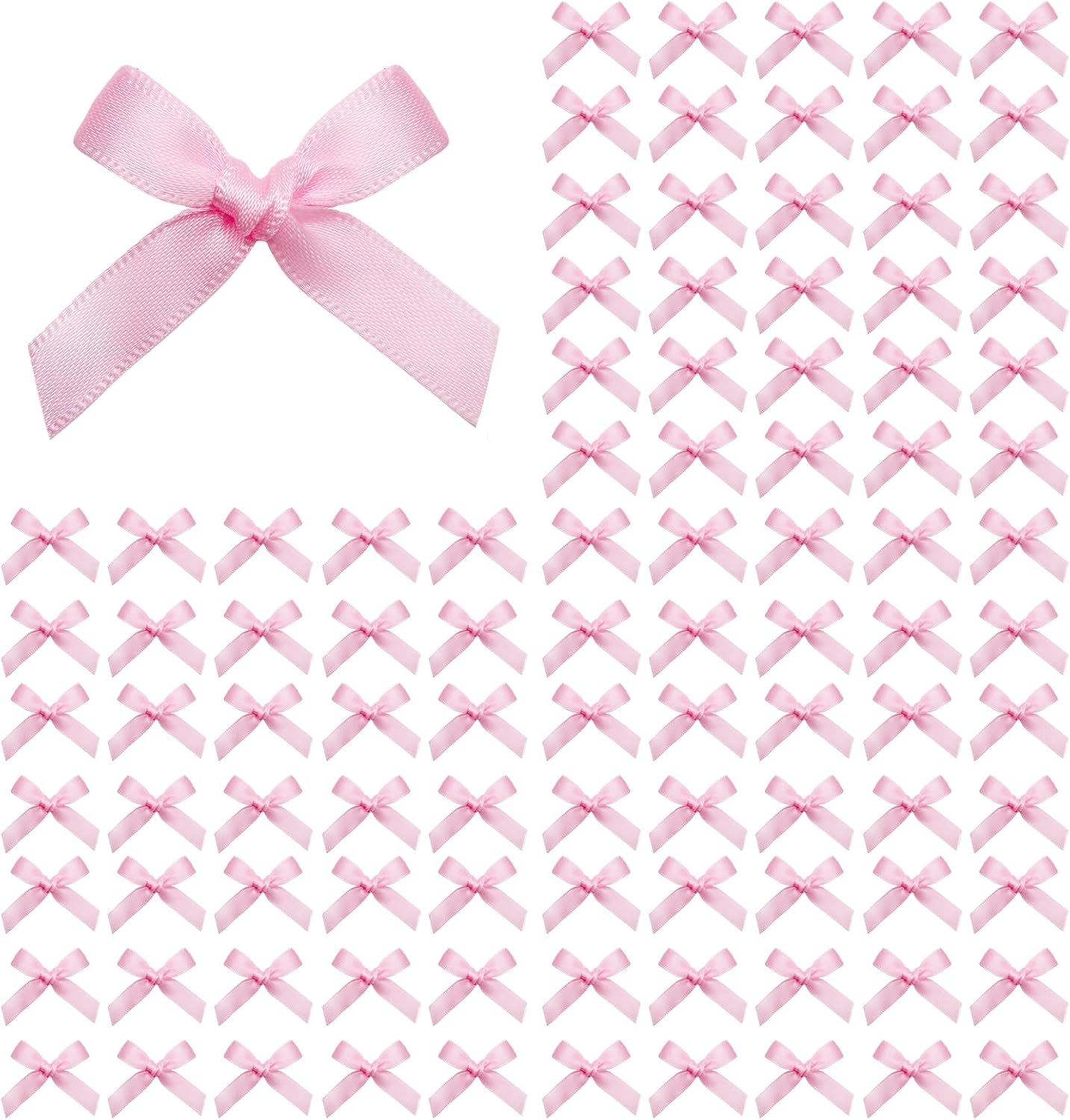 Generic mini pink satin ribbon bows 100 count pack front view with clear adhesive dots.