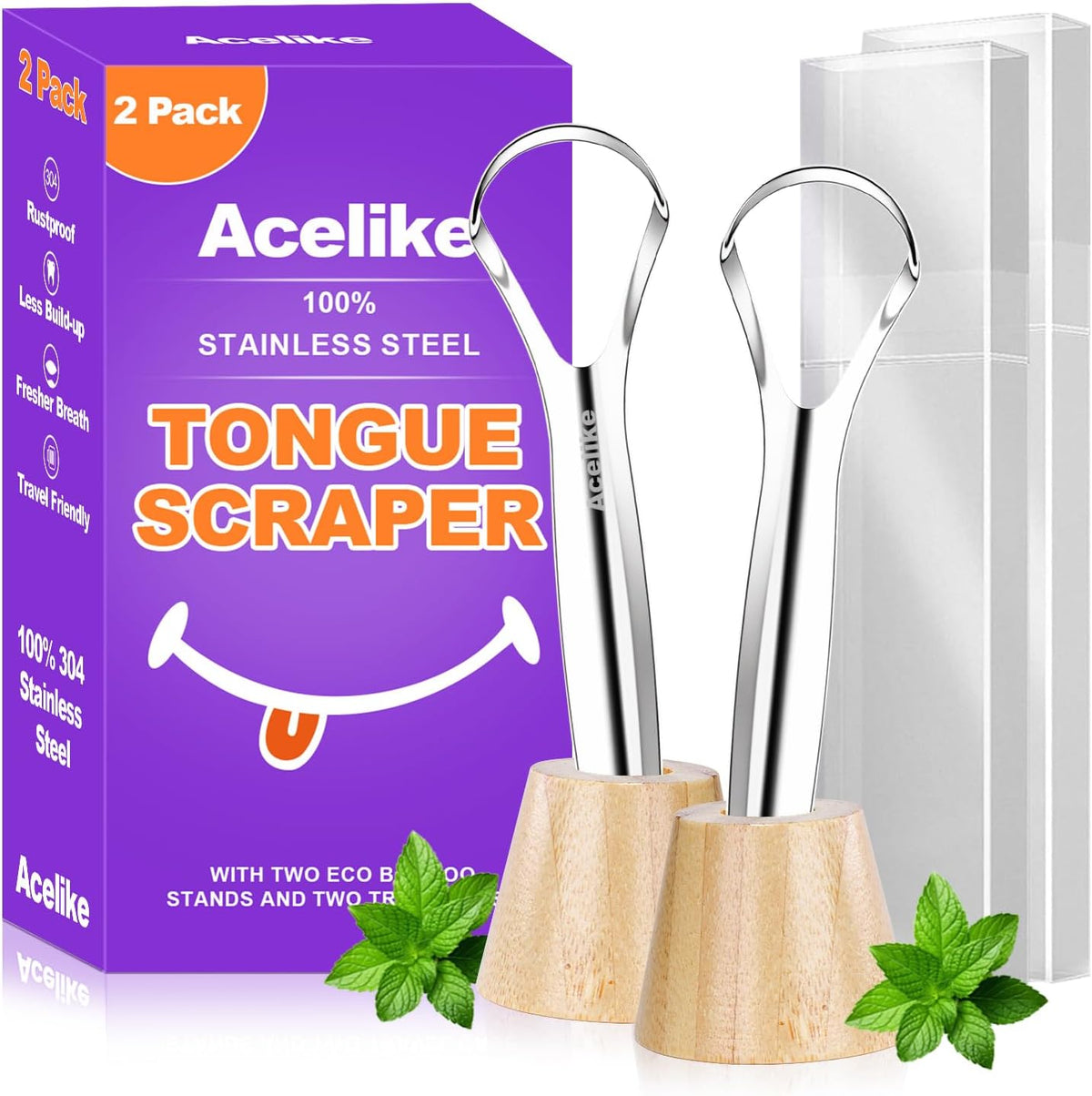 RONAVO Stainless Steel Tongue Scraper premium 2-pack set with bamboo holders