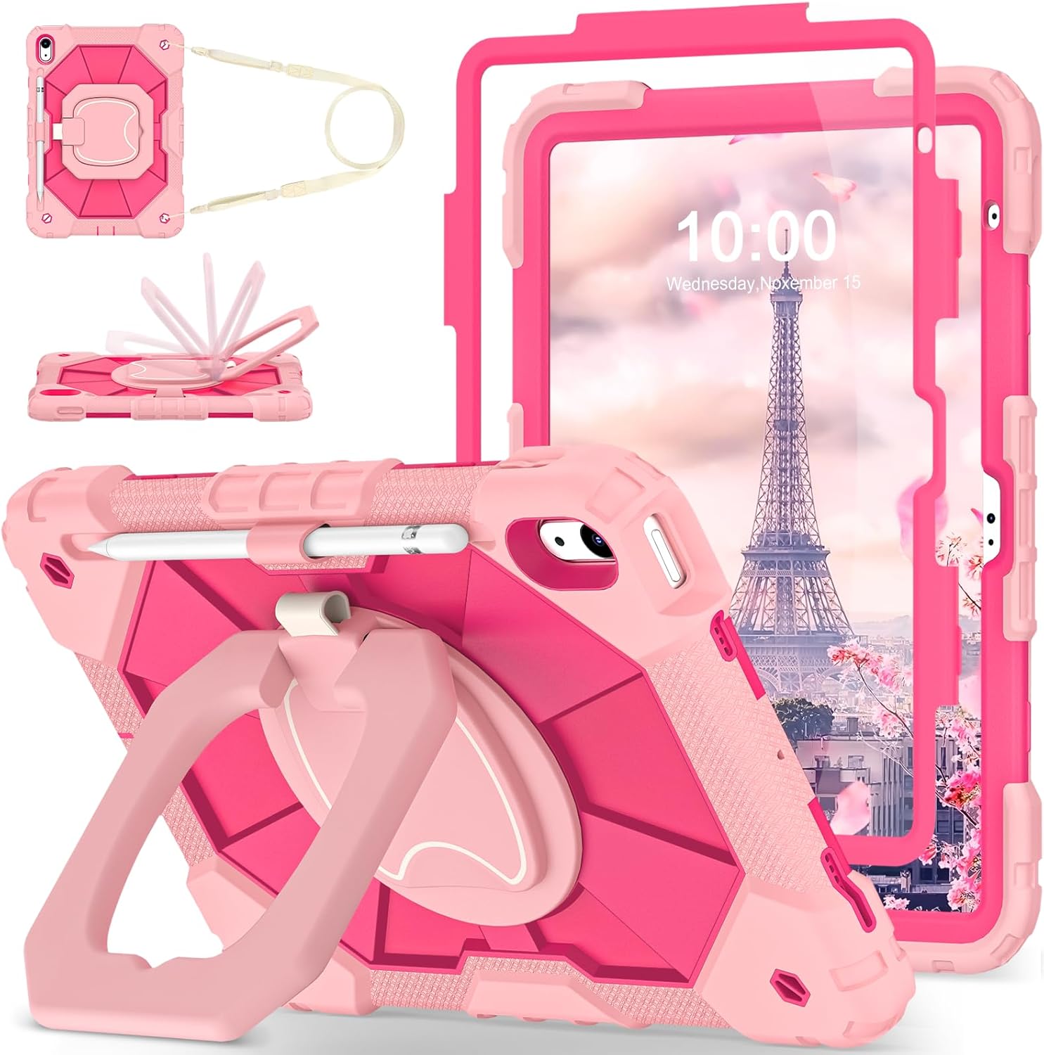 WESOROL heavy duty iPad case front view in rose pink showing built-in screen protector