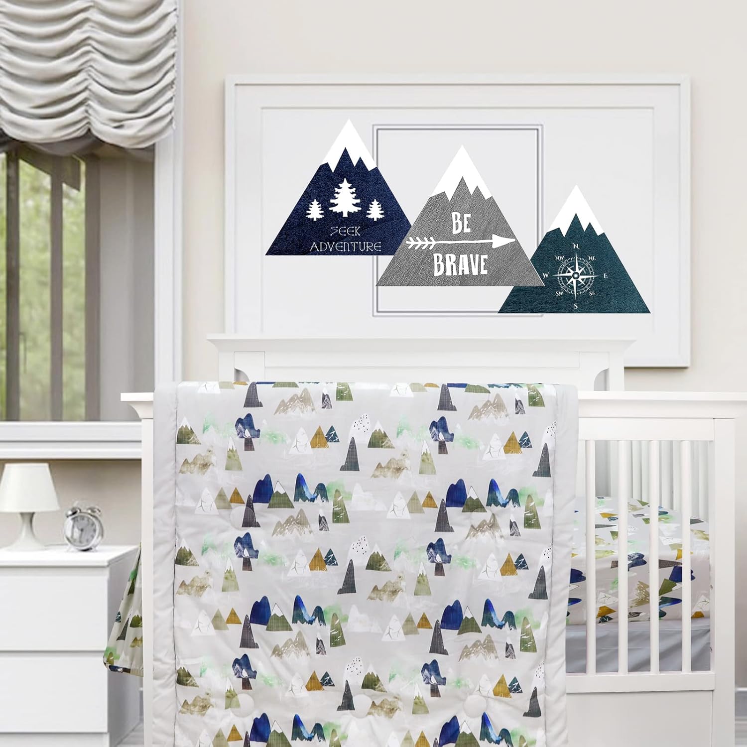 TANOFAR 4 Piece Crib Bedding Set front view of the complete grey mountain nursery setup.