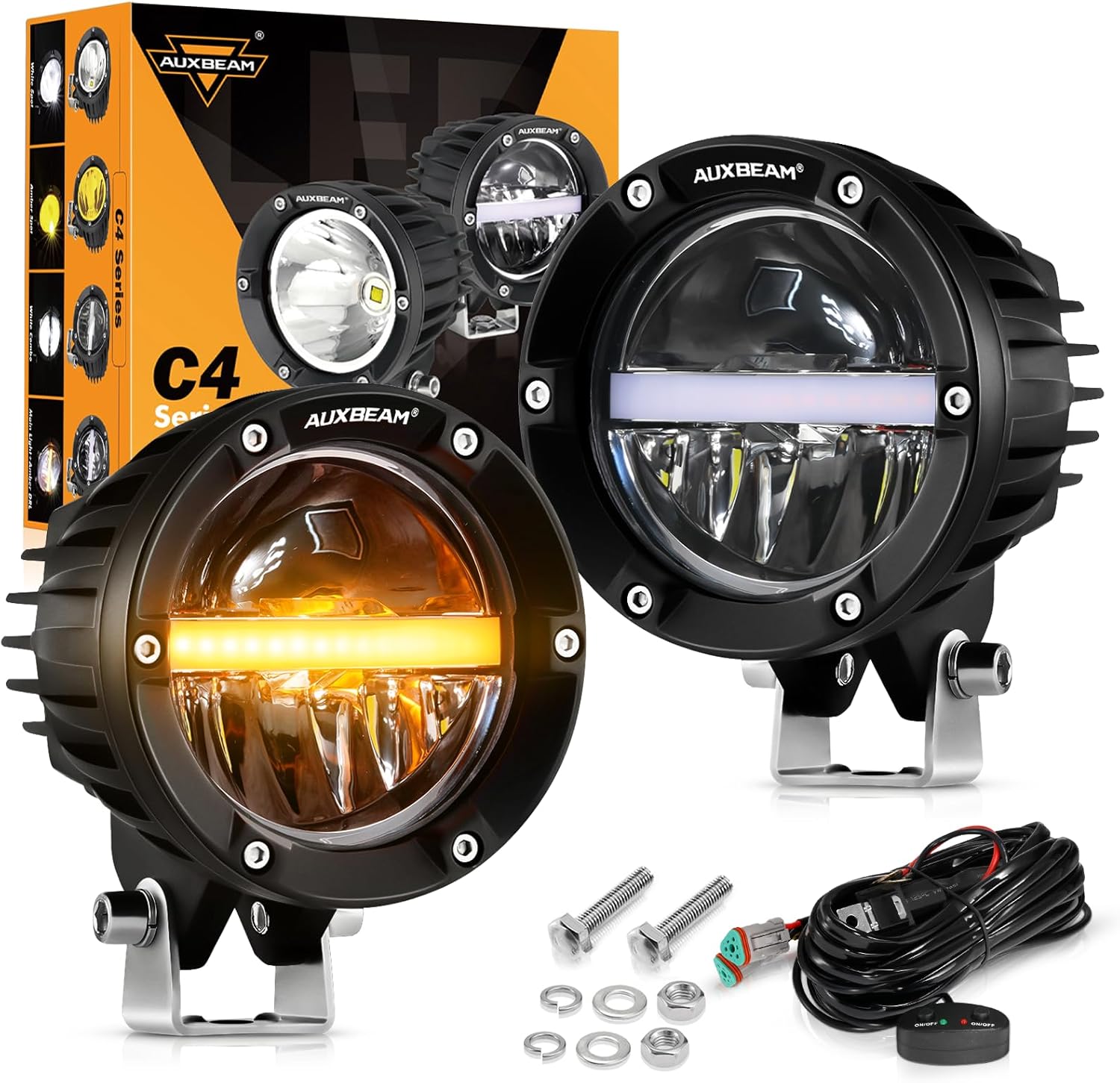 Auxbeam 4 Inch 110W Round Offroad Lights, Amber DRL Design 11000LM LED Light Pods, Super Bright 7035 SMD LED Work Driving Fog Light with DT Wiring Harness Kit for Truck Jeep Pickup SUV ATV UTV, 2 PCS - Image 1
