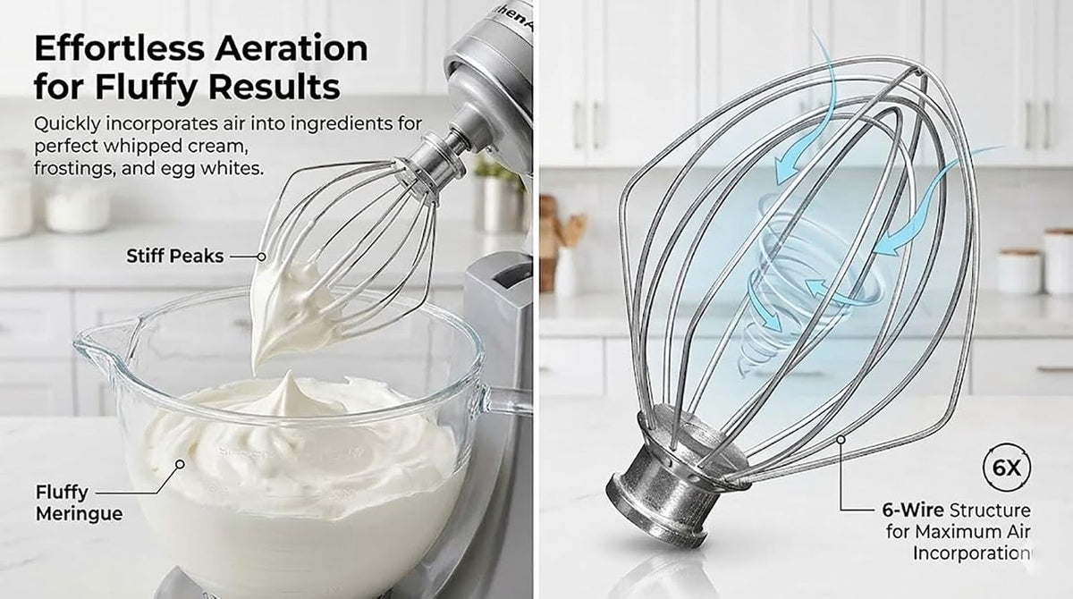 K45WW Wire Whip for KitchenAid Tilt-Head Mixer,6-Wire Whisk Attachment Replacement for 4.5QT/5QT Models K45SS KSM110 KSM75 KSM90 KSM100, Aluminum Head with Stainless Steel Wires, Hand Wash Only - Image 3