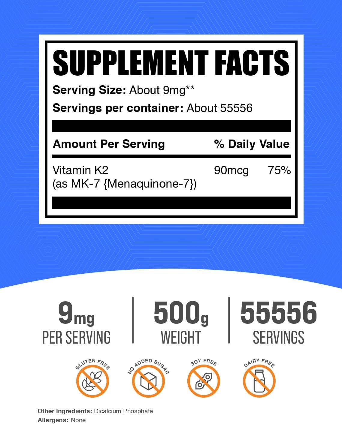 BulkSupplements Vitamin K2 MK-7 powder label details