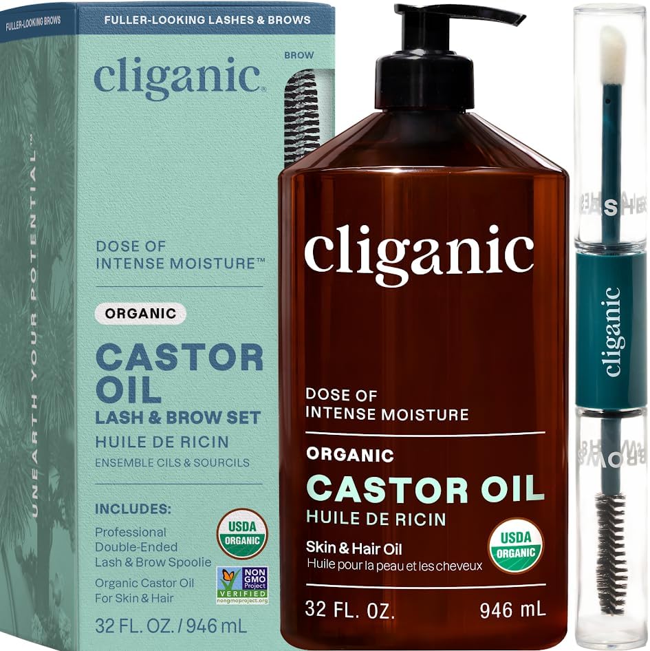 Cliganic Organic Castor Oil 32 ounce bottle front view with eyelash kit accessories