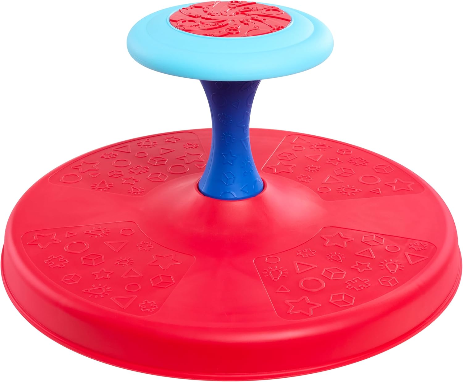 Just Play Classic Sit N Spin activity toy front view showing the vibrant red base and blue spinning handle seat.