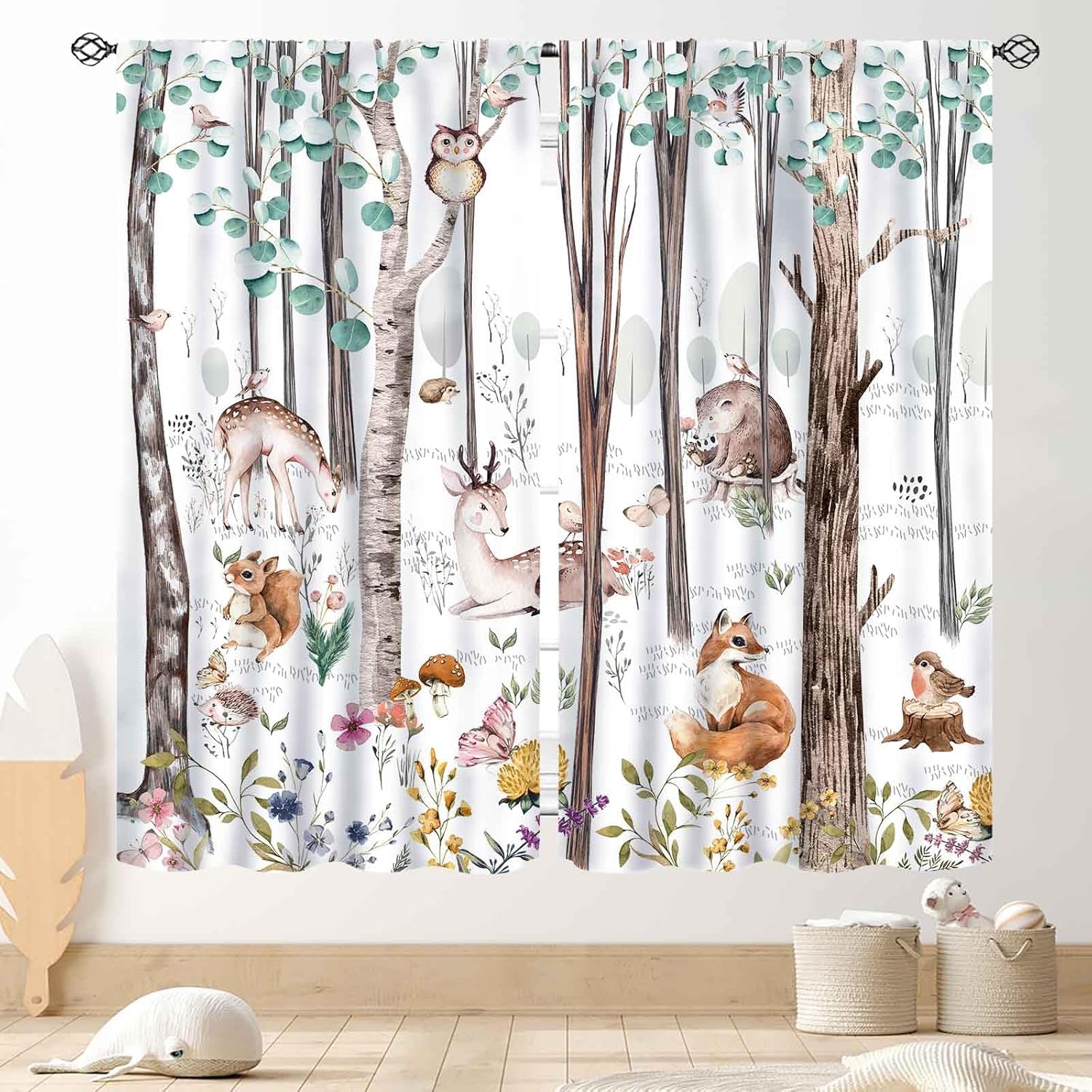 TKUYO woodland curtains for kids room nursery front view showcasing watercolor forest animals design.