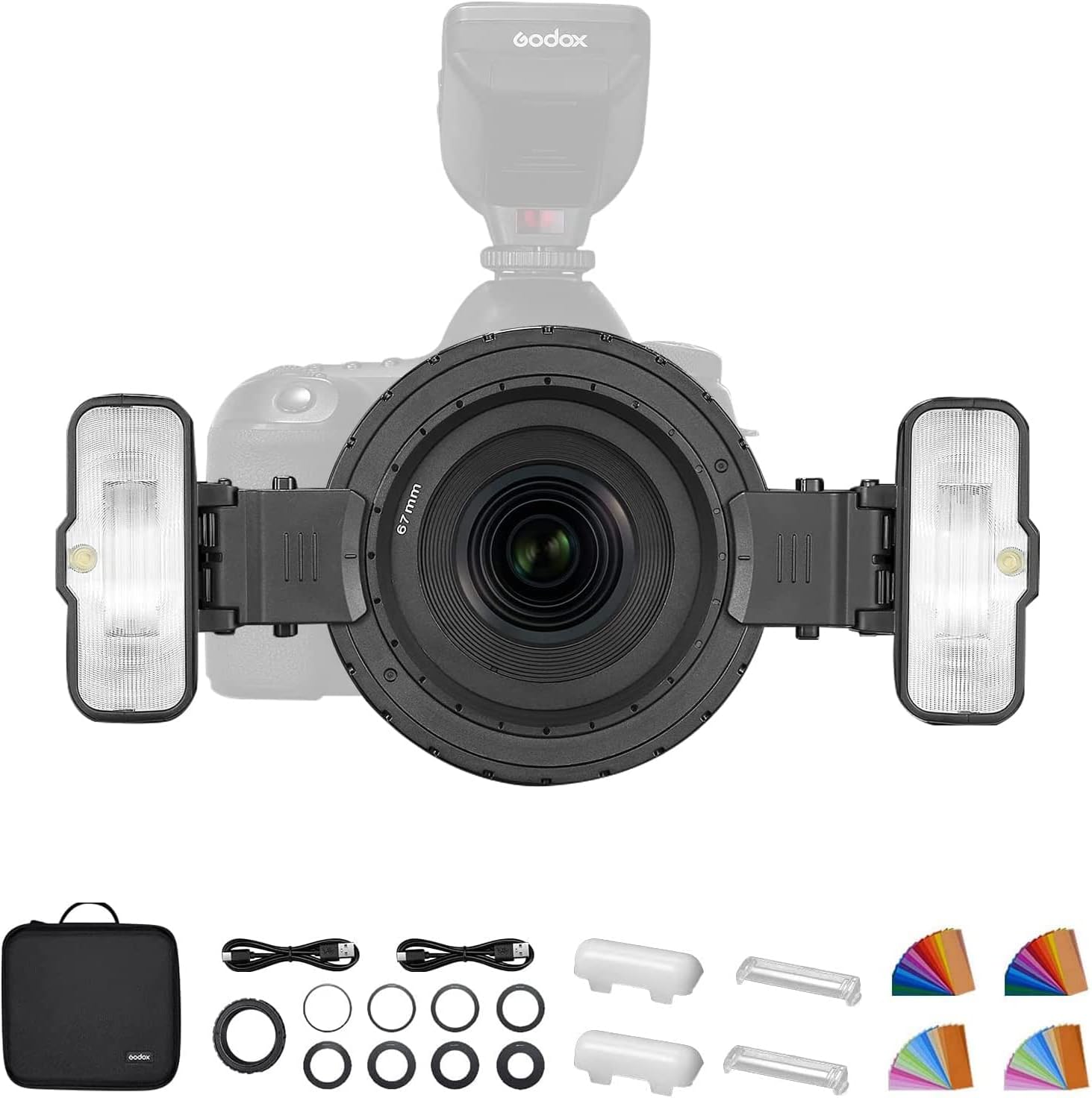 Godox MF12-K2 Macro Flash Kit front view showing two compact flash units mounted on a lens ring