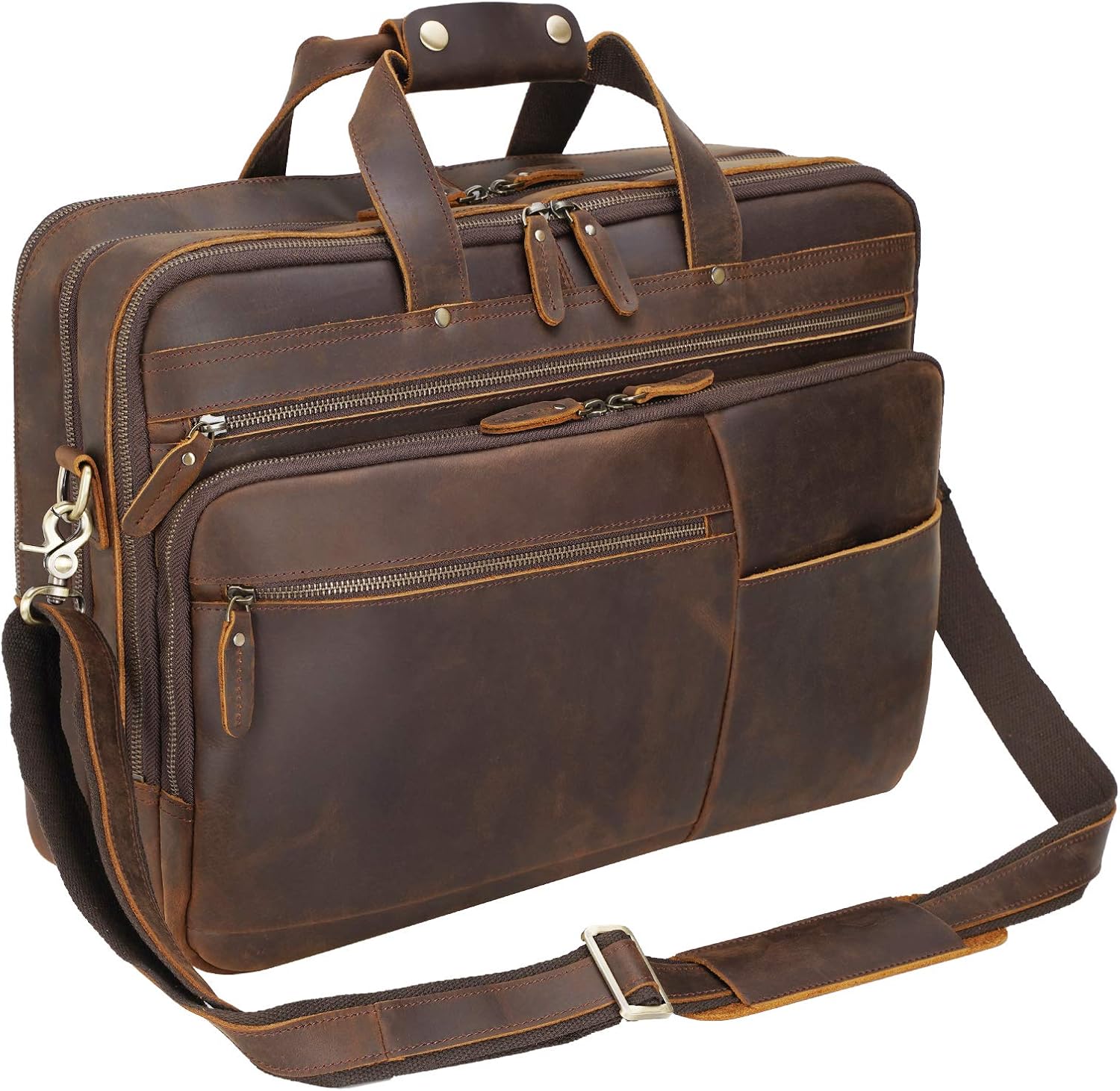 Polare Original full grain leather briefcase front view showing premium brown Italian leather texture.
