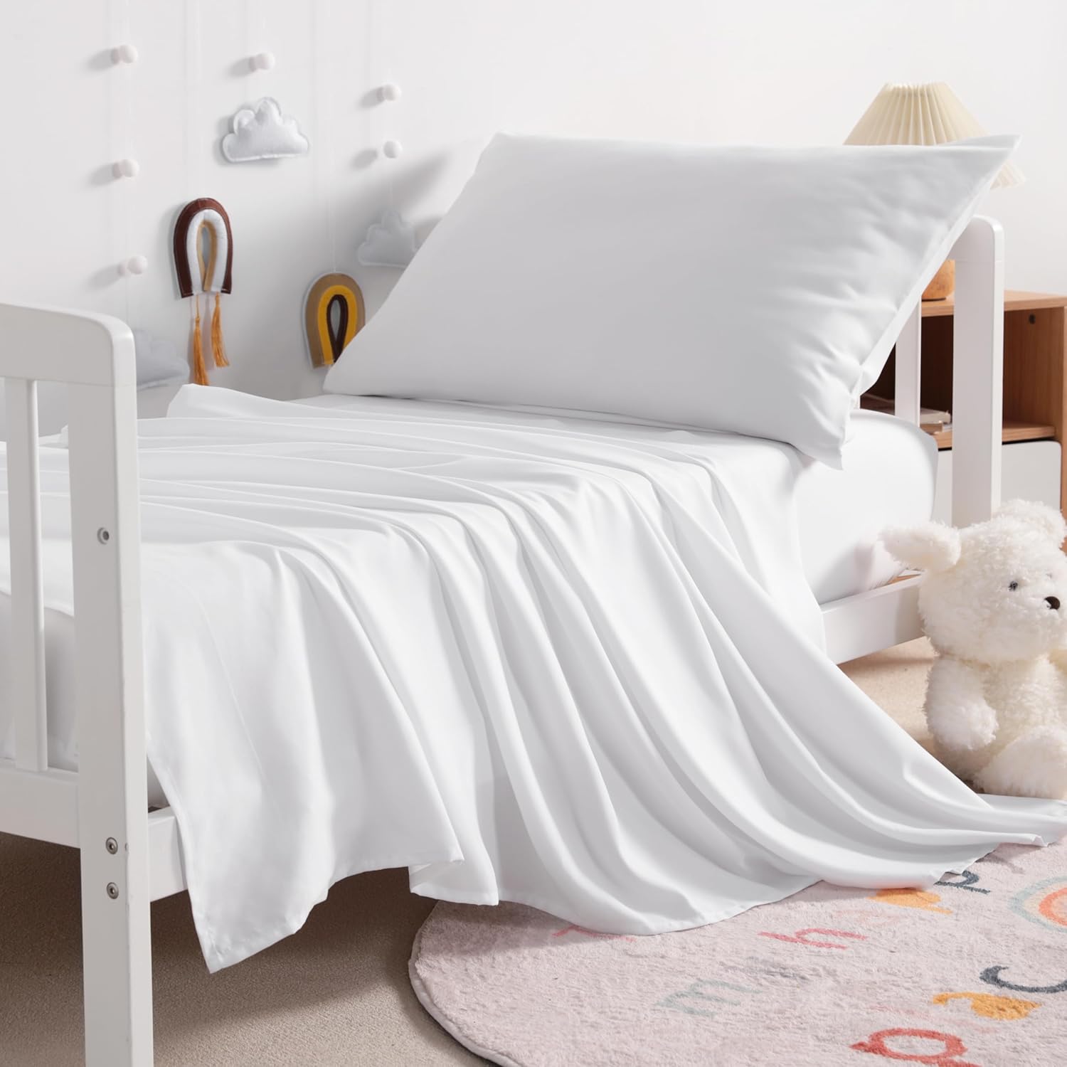 NTBAY toddler sheet set white microfiber crib bedding front view showcase