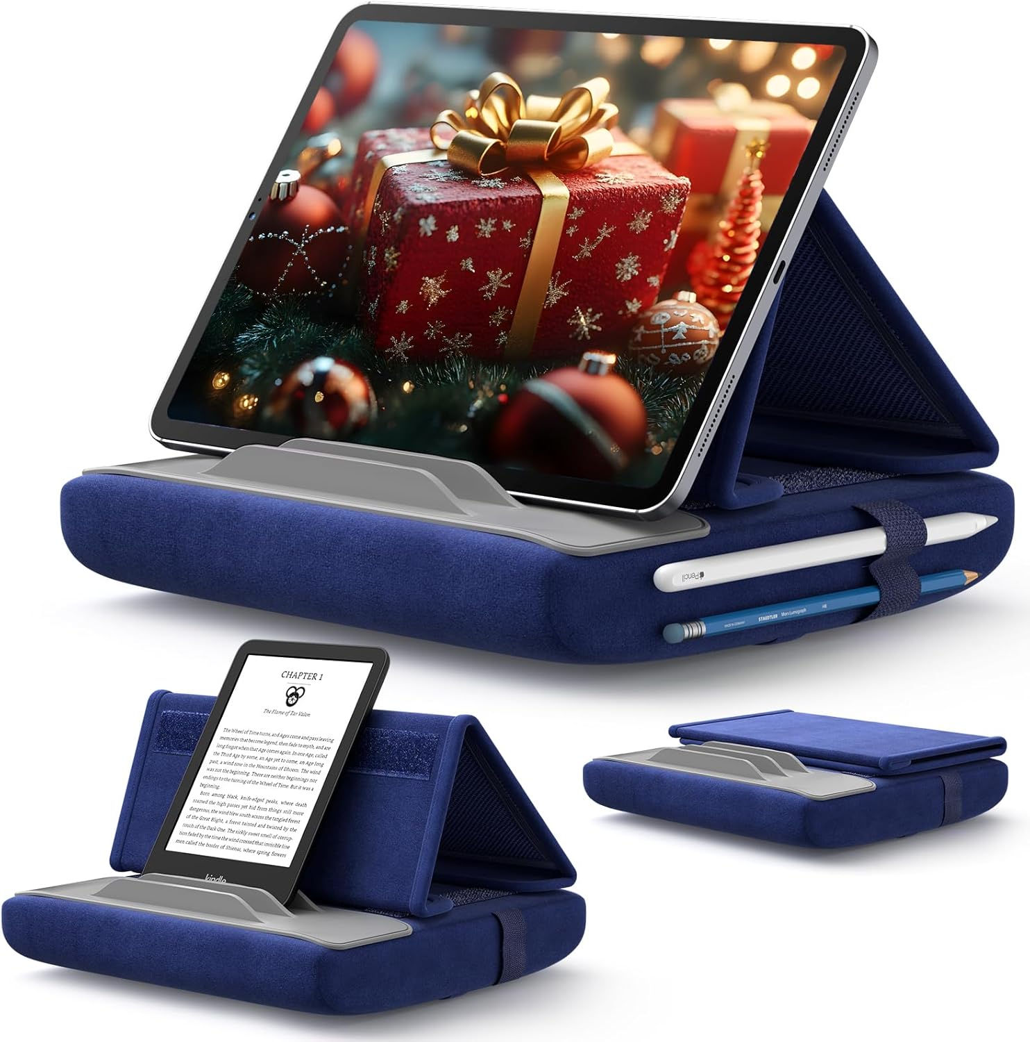JSAUX tablet pillow stand navy blue front view holding an iPad on a bed.