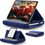 JSAUX tablet pillow stand navy blue front view holding an iPad on a bed.