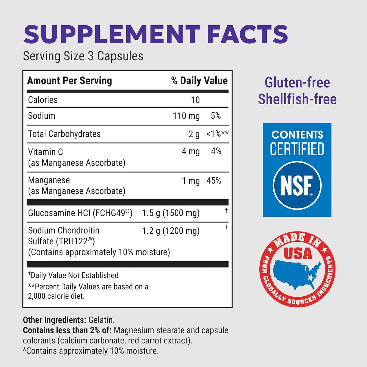 Nutramax Cosamin DS 210 capsules supplement facts panel