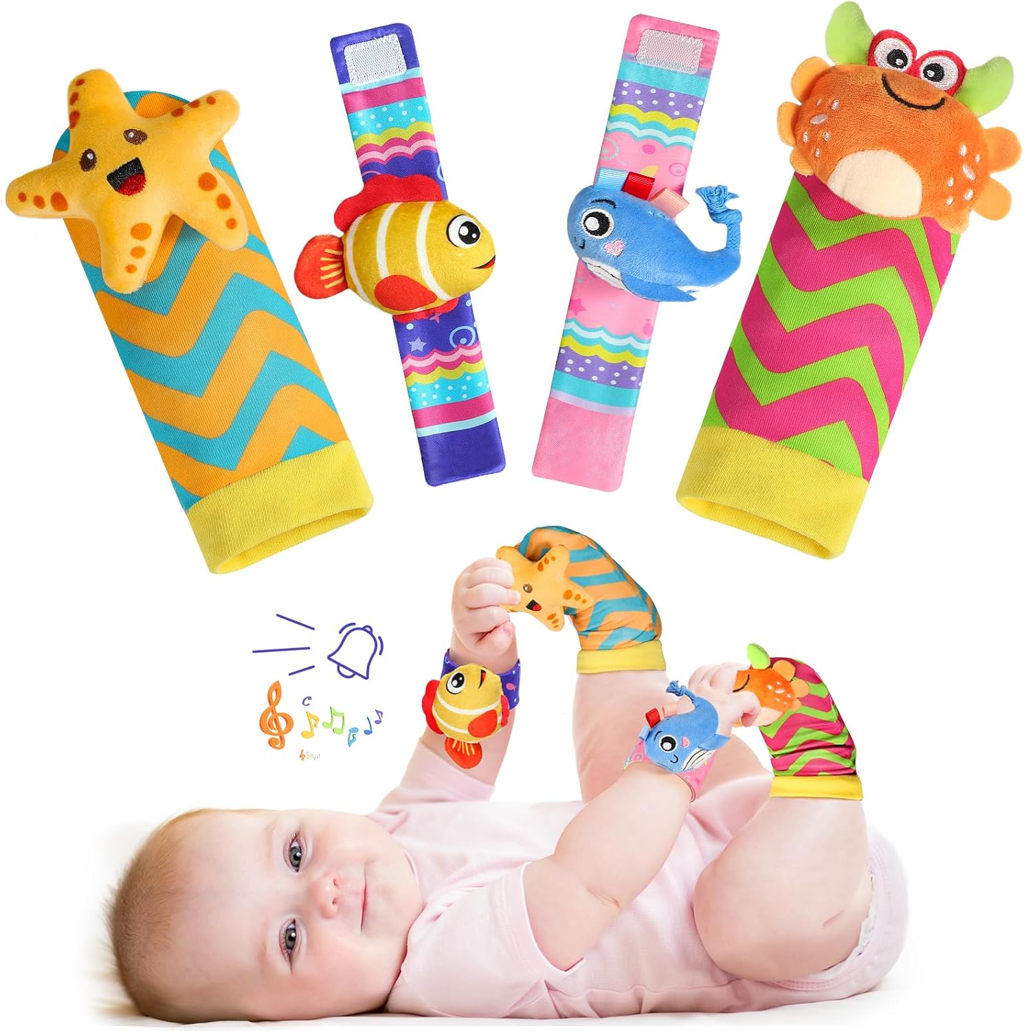 URMYWO wrist rattles and foot finder baby socks set front view showing colorful plush marine animals.